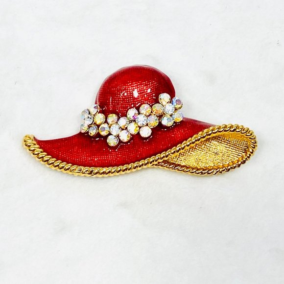 Vintage Red Hat Enameled Brooch w/AB Crystals - Large Brooch - Picture 2 of 6